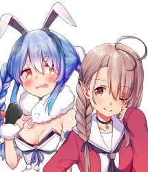Rule 34 | 2girls, absurdres, ahoge, animal ear fluff, animal ears, black bow, black gloves, black neckerchief, blue hair, blush, bow, braid, breasts, breasts apart, brown eyes, brown hair, cardigan, carrot hair ornament, cleavage, closed mouth, coat, don-chan (usada pekora), eyebrows, female focus, food-themed hair ornament, gloves, hair ornament, highres, hololive, indie virtual youtuber, kusunoki shio, kusunoki shio (channel), kutar22, leotard, long hair, long sleeves, looking at another, looking at viewer, medium breasts, multicolored hair, multiple girls, neckerchief, one eye closed, open mouth, playboy bunny, pointy ears, rabbit ears, rabbit girl, red cardigan, scarf, shirt, short eyebrows, simple background, sleeves past wrists, smile, symbol-shaped pupils, thick eyebrows, twin braids, two-tone hair, upper body, usada pekora, usada pekora (1st costume), virtual youtuber, wavy mouth, white background, white coat, white hair, white shirt