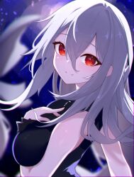 Rule 34 | 1girl, absurdres, alternate costume, arknights, backlighting, black dress, black necktie, blurry, breasts, chromatic aberration, closed mouth, depth of field, dress, from side, grey hair, hair between eyes, hand on own chest, hand up, highres, light blush, long bangs, long hair, looking at viewer, looking to the side, medium breasts, necktie, orange eyes, paid reward available, purple background, sidelocks, skadi (arknights), sleeveless, sleeveless dress, smile, solo, split mouth, upper body, worimehl