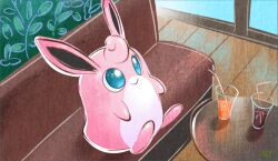 Rule 34 | closed mouth, commentary request, couch, creatures (company), drinking straw, game freak, gen 1 pokemon, glass, green eyes, illustration room nagi, indoors, nintendo, no humans, pokemon, pokemon (creature), sitting, smile, solo, wigglytuff, wooden floor