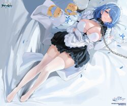 Rule 34 | 1girl, alternate costume, animal, animal collar, apron, azur lane, bed sheet, bird, black dress, blue hair, blush, breasts, chain, chain leash, chapayev (azur lane), chick, cleavage, cleavage cutout, closed mouth, clothing cutout, collar, copyright name, copyright notice, dress, enmaided, feet, flower, frilled dress, frills, full body, gloves, hair ornament, hair over one eye, hairclip, half-closed eyes, hat, highres, large breasts, leash, logo, long sleeves, looking at viewer, lying, maid, maid apron, maid headdress, manjuu (azur lane), medium hair, military hat, mole, mole on breast, momokan (kandume200), non-web source, official art, on back, on bed, peaked cap, petals, pillow, purple eyes, short dress, swept bangs, thighhighs, thighs, two-tone dress, unworn hat, unworn headwear, viewer holding leash, white dress, white gloves, white hat, white thighhighs, zettai ryouiki