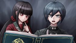 Rule 34 | 1boy, 1girl, absurdres, ahoge, artist name, black jacket, black sailor collar, blunt bangs, book, buttons, danganronpa (series), danganronpa v3: killing harmony, double-breasted, earrings, grey eyes, grey hair, hair between eyes, hair ornament, hairclip, harukawa maki, highres, jacket, jewelry, long hair, low twintails, mole, mole under eye, official style, open book, randomnoisesart, reading, red scrunchie, red shirt, saihara shuichi, sailor collar, scrunchie, shirt, short hair, striped clothes, striped jacket, teeth, tongue, twintails, upper body, upper teeth only