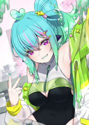 Rule 34 | 1girl, aqua hair, aqua nails, black leotard, blurry, blurry background, breasts, cleavage, colored tongue, commission, green jacket, green pupils, green tongue, hair ornament, hairclip, heart, heart hair ornament, highres, indie virtual youtuber, jacket, large breasts, leotard, medium breasts, multicolored clothes, multicolored hair, multicolored jacket, off shoulder, piapi ufo, purple eyes, purple hair, slime (substance), slime on head, solo, star-shaped pupils, star (symbol), star hair ornament, streaked hair, symbol-shaped pupils, v, valefal coneri, vgen commission, virtual youtuber, white jacket, zipper, zipper pull tab