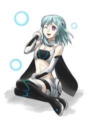 Rule 34 | 1girl, ;d, alpha (acerailgun), android, blue hair, boots, borrowed character, detached sleeves, full body, jastersin21, one eye closed, open mouth, original, pink eyes, shadow, simple background, sitting, smile, solo, thigh boots, thighhighs, white background