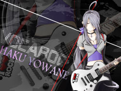 Rule 34 | 1girl, ahoge, alternate costume, bad id, bad pixiv id, breasts, cleavage, closed eyes, guitar, huge breasts, i sing for you (vocaloid), instrument, large breasts, long hair, midriff, mujun (zipper), silver hair, solo, vocaloid, yowane haku, zipper