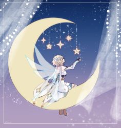 Rule 34 | 1girl, blonde hair, curtains, detached sleeves, dress, fairy wings, flower, genshin impact, hair flower, hair ornament, highres, jewelry, light particles, long hair, lumine (genshin impact), on crescent, short hair, simple background, sitting on moon, sky, solo, sorane, sparkle, star (sky), star (symbol), starry sky, transparent wings, white dress, wind, wings
