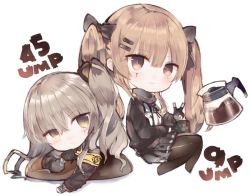 Rule 34 | 2girls, armband, black gloves, black skirt, blush, brown eyes, brown jacket, brown legwear, character name, chibi, closed mouth, coffee, coffee mug, commentary request, cup, fingerless gloves, girls&#039; frontline, gloves, hair between eyes, holding, holding cup, jacket, kotatu (akaki01aoki00), light brown hair, long hair, looking at viewer, mug, multiple girls, no shoes, one side up, open clothes, open jacket, pantyhose, pleated skirt, scar, scar across eye, scar on face, shirt, simple background, skirt, smile, twintails, ump45 (girls&#039; frontline), ump9 (girls&#039; frontline), v, very long hair, white background, white shirt