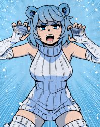 Rule 34 | 1girl, akairiot, animal ears, bare shoulders, bear ears, blue eyes, blue hair, blue theme, breasts, character request, claw pose, commentary, detached sleeves, dress, emphasis lines, fangs, frostbite (tournament), highres, large breasts, mascot, meme attire, ribbed legwear, ribbed sleeves, ribbed sweater, short hair, solo, sweater, sweater dress, thick eyebrows, thighhighs, turtleneck, turtleneck sweater, virgin killer sweater, zettai ryouiki