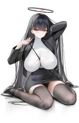 Rule 34 | 1girl, absurdres, adjusting strap, arm behind head, bag, between breasts, black footwear, black hair, black halo, black jacket, black panties, black skirt, black thighhighs, blue archive, blunt bangs, breasts, bright pupils, hair ornament, hairclip, halo, handbag, high-waist skirt, high heels, highres, jacket, large breasts, long hair, malon (chuan2700), panties, parted lips, pencil skirt, red eyes, rio (blue archive), sitting, skirt, solo, strap between breasts, sweater, sweater tucked in, thighhighs, thighs, turtleneck, turtleneck sweater, underwear, very long hair, wariza, white background, white pupils, white sweater