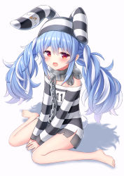 Rule 34 | 1girl, animal ears, animal hat, bare legs, barefoot, between legs, blue hair, blush, chain, collar, commentary request, fake animal ears, hair between eyes, hand between legs, hat, highres, hololive, kaie, long sleeves, looking at viewer, metal collar, multicolored hair, off-shoulder shirt, off shoulder, open mouth, prison clothes, rabbit ears, rabbit hat, rabbit tail, red eyes, safety pin, shadow, shirt, short eyebrows, sitting, sleeves past wrists, solo, striped clothes, striped shirt, tail, tears, thick eyebrows, twintails, two-tone hair, usada pekora, usada pekora (prisoner), virtual youtuber, wariza, wavy mouth, white background, white hair