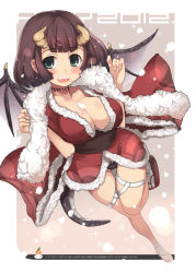Rule 34 | 10s, 1girl, 2012, bad id, bad pixiv id, black panties, blush, breasts, brown hair, choker, cleavage, dragon girl, dragon tail, dragon wings, green eyes, horns, large breasts, monster girl, new year, open mouth, original, panties, sandals, santa costume, short hair, snow, solo, t-track, t-track (artist), tail, thigh gap, thighs, underwear, wings