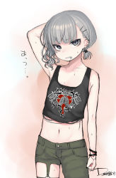 Rule 34 | 1boy, absurdres, bags under eyes, dancho (dancyo), ear piercing, earrings, grey eyes, hair ornament, hairclip, highres, jewelry, lip piercing, looking at viewer, male focus, midriff, navel, original, piercing, silver hair, simple background, solo, sweat, tank top, torn clothes, white background, yodogawa kemuri