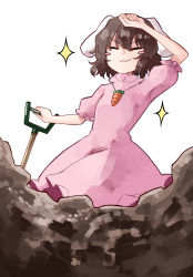 Rule 34 | 1girl, animal ears, brown hair, carrot, carrot necklace, deetamu, digging, dress, floppy ears, highres, hole, inaba tewi, jewelry, necklace, pendant, pink dress, rabbit ears, rabbit girl, short hair, shovel, simple background, solo, sparkle, touhou, wavy hair, white background