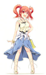 Rule 34 | 1girl, alternate costume, bag, bare arms, bracelet, camisole, chemise, clothes around waist, female focus, hair bobbles, hair ornament, hand on own hip, high heels, highres, ichirino minagi, jewelry, necklace, onozuka komachi, open mouth, red eyes, red hair, shirt, shirt around waist, simple background, skirt, smile, solo, standing, tank top, touhou, twintails, two side up, white background