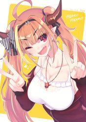 Rule 34 | 1girl, ahoge, artist name, bare shoulders, black hairband, black ribbon, blonde hair, blunt bangs, blush, bow, breasts, bright pupils, camisole, cleavage, cleavage cutout, clothing cutout, collarbone, commentary request, dated, diagonal-striped bow, double v, dragon girl, dragon horns, fang, frilled camisole, frills, from above, hair intakes, hair ribbon, hairband, hands up, heart, highres, hikawa shou, hololive, horn bow, horn ornament, horns, jacket, jewelry, kiryu coco, kiryu coco (loungewear), long hair, long sleeves, looking at viewer, multicolored hair, off shoulder, official alternate costume, one eye closed, open clothes, open jacket, open mouth, orange hair, partially unzipped, pendant, pointy ears, red eyes, red jacket, ribbon, signature, simple background, slit pupils, solo, spaghetti strap, streaked hair, striped, striped bow, track jacket, translation request, twintails, two-tone background, upper body, v, virtual youtuber, white background, white camisole, white pupils, yellow background, zipper pull tab