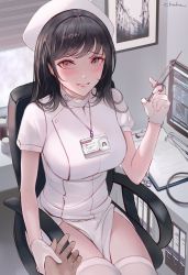 Rule 34 | 1girl, black hair, blush, breasts, chair, chowbie, clipboard, commentary, gloves, grey eyes, hat, highres, holding, holding hands, holding syringe, id card, large breasts, looking at viewer, medicine, medium hair, monitor, nurse, nurse cap, office, office chair, original, parted lips, rubber gloves, shelf, stethoscope, swivel chair, syringe, thighhighs, thighs, white thighhighs