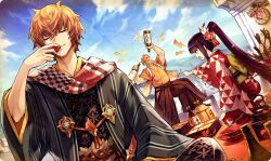 1girl 2boys blonde_hair blue_sky bottle closed_eyes closed_mouth commentary_request cup dare_ga_tame_no_alchemist holding holding_cup japanese_clothes kimono long_hair monzein_(dare_ga_tame_no_alchemist) multiple_boys new_year official_art osechi othima_(dare_ga_tame_no_alchemist) outdoors ponytail sake_bottle seida_(dare_ga_tame_no_alchemist) seiza sitting sky third-party_source very_long_hair yellow_kimono