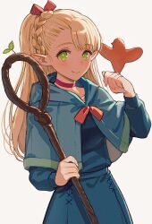 Rule 34 | 1girl, asymmetrical bangs, bird, bird on hand, blonde hair, blue capelet, blue dress, blush, braid, capelet, choker, closed mouth, cowboy shot, creature, crown braid, dress, dungeon meshi, elf, green eyes, hair ribbon, hand up, highres, holding, holding staff, hood, hood down, hooded capelet, long hair, long sleeves, looking at viewer, marcille donato, miyako (xxxbibit), pointy ears, ponytail, red ribbon, ribbon, simple background, smile, sprout, staff, white background