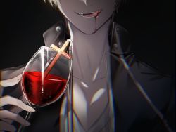 Rule 34 | 1boy, alcohol, bad id, bad pixiv id, black jacket, blonde hair, close-up, collarbone, cross, cup, dress shirt, drinking glass, fang, fate/stay night, fate (series), gilgamesh (fate), holding, holding cup, jacket, jewelry, licking lips, official alternate costume, open mouth, rijjin, shirt, short hair, tongue, tongue out, wine, wine glass