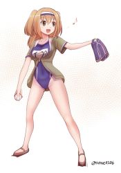 Rule 34 | 10s, 1girl, ball, baseball, baseball glove, blue one-piece swimsuit, breasts, brown eyes, collarbone, covered navel, full body, hairband, highres, holding, holding ball, i-26 (kancolle), kantai collection, light brown hair, long hair, medium breasts, musical note, name tag, new school swimsuit, one-piece swimsuit, open clothes, open mouth, quaver, rence (mjyoon1452), rens (pixiv), sailor collar, sandals, school swimsuit, short sleeves, smile, solo, spoken musical note, swimsuit, swimsuit under clothes, twitter username, two-tone hairband, two side up