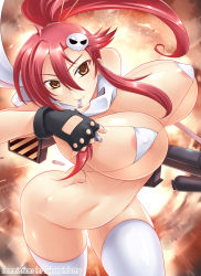 Rule 34 | 00s, 1girl, anti-materiel rifle, areola slip, ass, bouncing breasts, breasts, bullet, butt crack, curvy, gradient background, gun, haganef, huge breasts, long hair, mouth hold, ponytail, red hair, rifle, sniper rifle, solo, space, strap gap, tengen toppa gurren lagann, thighhighs, weapon, white thighhighs, yoko littner