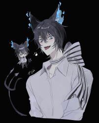 Rule 34 | 1boy, animal ears, black hair, blue eyes, cat boy, cat ears, commentary request, fangs, flaming ears, grey shirt, grim (twisted wonderland), highres, looking at viewer, male focus, neck ribbon, personification, ribbon, shirt, short hair, somsa040, tail, tongue, tongue out, twisted wonderland