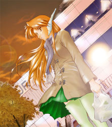Rule 34 | 1girl, bag, building, buttons, coat, dutch angle, green skirt, green thighhighs, grocery bag, holding, long sleeves, orange eyes, orange hair, outdoors, parted lips, scarf, serio (to heart), seura isago, shopping bag, skirt, solo, standing, sunlight, thighhighs, to heart, to heart (series), wind