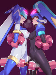 Rule 34 | 2girls, aile (mega man zx), armor, arms behind back, blue eyes, blue helmet, blue jacket, blue shirt, blush, breasts, brown hair, clitoral stimulation, clothes lift, colored skin, covered erect nipples, covered navel, cowboy shot, fairy leviathan (mega man), forehead jewel, from side, green eyes, helmet, in-franchise crossover, jacket, medium breasts, mega man (series), mega man zero (series), mega man zx, model l (mega man), multiple girls, navel, nipples, power armor, profile, pussy juice, restrained, saliva, saliva trail, shirt, shirt lift, short hair, tears, trait connection, ukimukai, white skin, yuri