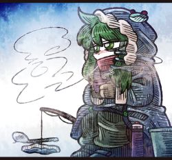 Rule 34 | 1girl, blue background, blue coat, blue footwear, boots, breath, brown gloves, bucket, coat, fishing, fishing rod, frog hair ornament, full body, gloves, green eyes, green hair, green pants, hair ornament, hair tubes, hood, hood up, ice fishing, kochiya sanae, letterboxed, outdoors, pants, sitting, snow, solo, suenari (peace), thermos, touhou, water, winter clothes, winter coat