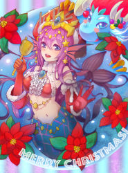 Rule 34 | 1girl, against glass, antlers, bad id, bad pixiv id, bell, blush stickers, brooch, christmas, claws, dated, detached sleeves, dragon, fins, flower, gloves, hair ornament, hat, head fins, highres, horns, jewelry, long hair, mermaid, merry christmas, monster girl, mst1ng (mauralau), navel, open mouth, purple eyes, purple hair, puzzle &amp; dragons, red gloves, santa hat, siren (p&amp;d), snow globe, snow globe dragon bleu, star (symbol), star hair ornament, sun symbol, tiara