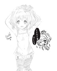 Rule 34 | 1girl, armpits, arms up, character name, chemise, chibi, chibi inset, english text, covered erect nipples, female focus, flandre scarlet, flat chest, garter straps, hair up, kudakitsune (kaien kun), monochrome, see-through, sketch, solo, embodiment of scarlet devil, thighhighs, touhou, underwear, underwear only, wink