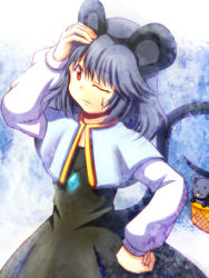 Rule 34 | 1girl, animal ears, basket, female focus, grey hair, hand on own head, hand on own hip, mouse (animal), mouse ears, mouse tail, nazrin, one eye closed, qontamblue, red eyes, short hair, solo, sweatdrop, tail, touhou