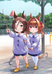 Rule 34 | 2girls, aged down, animal ears, arm grab, blue shorts, blue skirt, blush, brown hair, daiwa scarlet (umamusume), day, hair intakes, hair over one eye, hairband, highres, holding, holding hands, holding stick, horse ears, horse girl, horse tail, lens flare, long sleeves, multiple girls, nabe puyo, open mouth, outdoors, outstretched arm, playground, purple shirt, red eyes, shirt, short hair, shorts, skirt, stick, tail, tree, twintails, umamusume, vodka (umamusume), walking, yellow eyes, yellow footwear