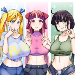 Rule 34 | 3girls, absurdres, ahoge, black hair, blonde hair, blossom (ppg), blue background, blue eyes, blue nails, blue shirt, blunt bangs, border, bracelet, breasts, bubbles (ppg), buttercup (ppg), choker, closed mouth, collarbone, covered erect nipples, crop top, denim, double v, green background, green eyes, green nails, grin, hair ribbon, hand on own hip, highres, huge breasts, jeans, jewelry, large breasts, long hair, looking at viewer, midriff, mikado ryouma, multicolored background, multiple girls, nail polish, navel, open fly, panties, pants, pink background, pink eyes, pink nails, ponytail, powerpuff girls, purple panties, red hair, red ribbon, ribbon, shirt, short sleeves, sleeveless, smile, twintails, underwear, upper body, v, white border