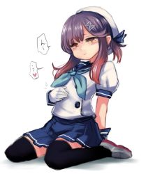 Rule 34 | 1girl, arm support, black thighhighs, blue skirt, blush, brown eyes, closed mouth, commentary request, full body, gloves, hair ornament, hairclip, hand on own stomach, hat, heart, kantai collection, multicolored hair, pleated skirt, ponytail, purple hair, sailor hat, school uniform, serafuku, shoes, short hair with long locks, short sleeves, sitting, skirt, smile, solo, spoken heart, striped clothes, striped skirt, thighhighs, tsushima (kancolle), utopia, wariza, white background, white gloves, white hat