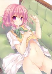 Rule 34 | 10s, 1girl, :o, blush, cleft of venus, couch, flower, groin, hair flower, hair ornament, twirling hair, highres, looking at viewer, lying, momo velia deviluke, navel, nude filter, on back, open mouth, pink hair, purple eyes, pussy, scan, school uniform, short hair, solo, third-party edit, to love-ru, to love-ru darkness, uncensored, wnb mark