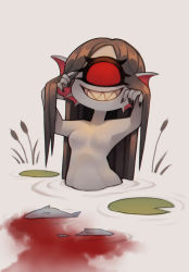 Rule 34 | 1girl, black hair, black nails, blood, breasts, cattail, colored skin, cyclops, fingernails, fins, fish, grey skin, grin, head fins, highres, lily pad, long hair, monster girl, nail polish, no nipples, nude, one-eyed, original, partially submerged, plant, red eyes, sharp fingernails, sharp teeth, small breasts, smile, solo, teeth, upper body, zombiemiso