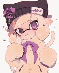 Rule 34 | 1girl, :3, animal hat, black hat, blonde hair, bow, bowtie, cat hat, cat tail, closed mouth, coat, commentary request, dot nose, fur coat, hat, hat ribbon, heart, heart in eye, highres, inkling, inkling girl, inkling player character, looking at viewer, medium hair, mismatched pupils, nintendo, pointy ears, purple bow, purple eyes, purple ribbon, ribbon, sleeves past wrists, solo, splash kuro3, splatoon (series), symbol in eye, tail, tentacle hair, upper body, wavy eyes, white coat, white tail