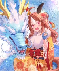 Rule 34 | 1girl, animal ears, blue eyes, blue gloves, blush, brown hair, chinese zodiac, commentary, copano rickey (umamusume), creature, double-parted bangs, dragon, ear covers, fang, fingerless gloves, floral print kimono, fur-trimmed kimono, fur trim, gloves, hair between eyes, highres, horse ears, horse girl, horse tail, japanese clothes, kimono, long hair, long sleeves, looking at viewer, multicolored hair, obi, open mouth, red eyes, rio (rio 067), sash, single ear cover, sitting, smile, solo, streaked hair, tail, two-tone hair, umamusume, upper body, white hair, wide sleeves, year of the dragon, yellow kimono