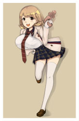 Rule 34 | 10s, 1girl, absurdres, bent over, blonde hair, breasts, brown eyes, female focus, gun, hair ornament, hairclip, highres, huge breasts, jacket, miniskirt, narusawa ryouka, necktie, occultic;nine, open mouth, school uniform, shirt, short hair, skirt, solo, standing, thighhighs, uniform, weapon, white shirt, white thighhighs
