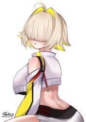 Rule 34 | 1girl, ahoge, aquanz, breasts, clothing cutout, cropped jacket, elegg (nikke), goddess of victory: nikke, hair intakes, highres, large breasts, long sleeves, looking at viewer, looking back, shorts, shoulder cutout, simple background, sitting, solo, white background