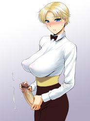 Rule 34 | 1girl, bar censor, black bow, black bowtie, blonde hair, blouse, blue eyes, blush, bow, bowtie, breasts, censored, collared shirt, covered erect nipples, cum, ejaculation, erection, futanari, futanari masturbation, gradient background, hanging breasts, impossible clothes, impossible shirt, king (snk), large breasts, masturbation, no bra, penis, pointy breasts, ryuuko no ken, sagging breasts, saliva, see-through, shirt, short hair, snk, solo, st.germain-sal, sweatdrop, tears, the king of fighters, traditional bowtie, white shirt