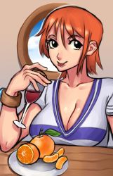 Rule 34 | 1girl, alcohol, breasts, cup, drinking glass, highres, large breasts, log pose, lum art, medium hair, nami (one piece), one piece, orange hair, shirt, shueisha, tongue, tongue out, wine, wine glass