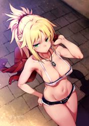 Rule 34 | 1girl, absurdres, alternate breast size, armpits, artist name, bare shoulders, blonde hair, braid, breasts, cleavage, closed mouth, collarbone, covered erect nipples, cowboy shot, cutoffs, denim, denim shorts, dutch angle, fate/apocrypha, fate/grand order, fate (series), female focus, french braid, green eyes, hair ornament, hand on own hip, highres, jacket, jacket over shoulder, unworn jacket, jewelry, large breasts, medium breasts, micro shorts, midriff, mordred (fate), mordred (fate/apocrypha), navel, necklace, off shoulder, ponytail, puffy nipples, revealing clothes, scrunchie, shiny skin, short shorts, shorts, solo, strapless, thick thighs, thighs, try (lsc), tube top, twitter username