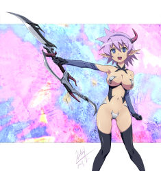 Rule 34 | 1girl, armor, bikini armor, black thighhighs, blade, blue eyes, breasts, c-string, cleavage, crotch plate, elbow gloves, elf, female focus, gloves, hairband, highres, horns, maebari, mcq, navel, open mouth, original, pasties, pointy ears, purple hair, revealing clothes, short hair, single horn, smile, solo, strapless bottom, thighhighs, weapon