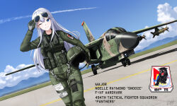 Rule 34 | 1girl, aircraft, airplane, blue eyes, breasts, character name, commentary, day, english commentary, eyewear on head, f-111 aardvark, feet out of frame, fighter jet, grey hair, helmet, holding, holding helmet, jet, long hair, military vehicle, missile, one eye closed, original, pilot, smile, solo, sunglasses, zero (73ro)
