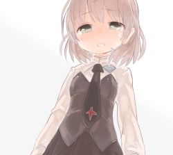Rule 34 | 1girl, blush, crying, crying with eyes open, green eyes, grey hair, long sleeves, looking at viewer, military, military uniform, necktie, okayu (headless), sanya v. litvyak, short hair, silver background, simple background, solo, strike witches, tears, uniform, upper body, world witches series