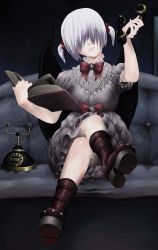 Rule 34 | 1girl, bat wings, blue hair, boots, corded phone, couch, crossed legs, frills, full body, hair over eyes, highres, oni musume (yume 2kki), phone, sitting, smirk, solo, twintails, wings, yume 2kki