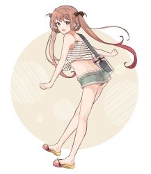 Rule 34 | 1girl, :d, alternate costume, asagumo (kancolle), bad id, bad twitter id, bag, bare arms, bare shoulders, blue shorts, blush, brown hair, full body, grey eyes, kantai collection, long hair, looking at viewer, looking to the side, open mouth, sandals, shakemi (sake mgmgmg), shorts, shoulder bag, smile, solo, striped, toes, twintails