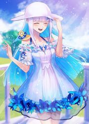 Rule 34 | 1girl, animal, animal on shoulder, bird, blue flower, blue hair, blue jacket, blue sky, blunt bangs, blurry, blurry background, breasts, cleavage, cleavage cutout, closed eyes, clothing cutout, collarbone, commentary, day, depth of field, dress, duck, flower, hands on headwear, hat, highres, jacket, lifebuoy, lize helesta, lize helesta (2nd costume), long hair, matsuharu (lip-mil), monocle, multicolored hair, nijisanji, off shoulder, open mouth, outdoors, sebastian piyodore, see-through, short sleeves, sky, small breasts, smile, solo, striped clothes, striped jacket, sun hat, sunlight, swim ring, two-tone hair, vertical-striped clothes, vertical-striped jacket, virtual youtuber, white dress, white hair, white hat