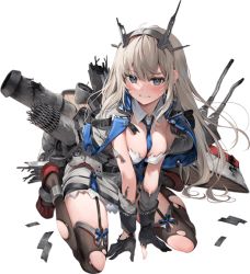 Rule 34 | 1girl, banned artist, between legs, black gloves, black legwear, blonde hair, blue necktie, breasts, dress, full body, gloves, grey dress, grey eyes, hand between legs, headgear, high heels, kantai collection, large breasts, long hair, maryland (kancolle), necktie, official art, parsley-f, pleated dress, shirt, sitting, torn clothes, torn legwear, turret, twintails, wariza, white shirt